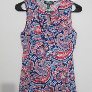 Lauren Ralph Lauren Sleeveless Top S Blue Multi Ruffle Blouse Paisley New